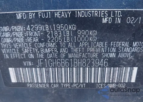 2011 Subaru Impreza 2.5I Premium from USA, damaged, VIN JF1GH6B61BH823946